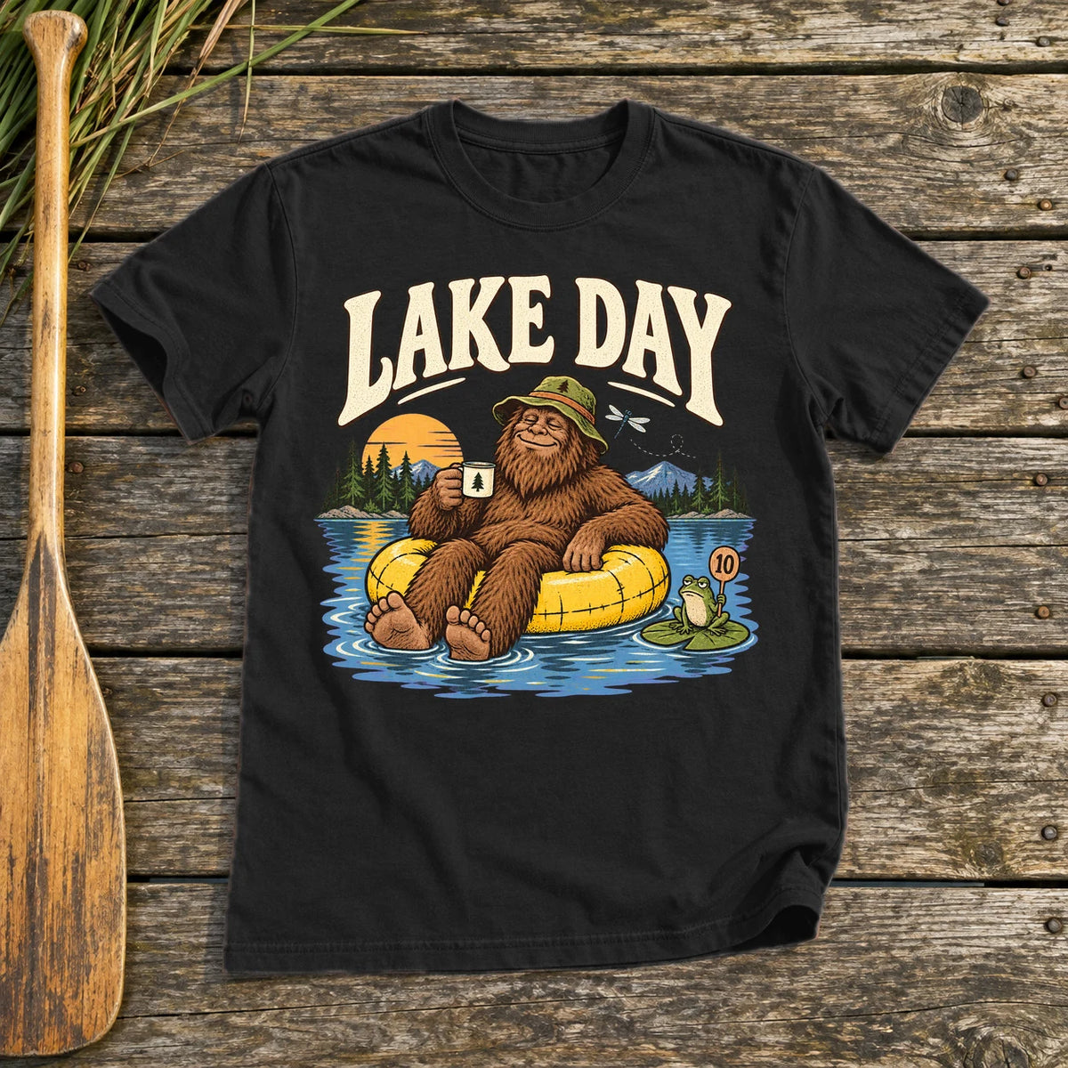 Lake Day Bigfoot Graphic Tee on Black Everyday Soft Tee