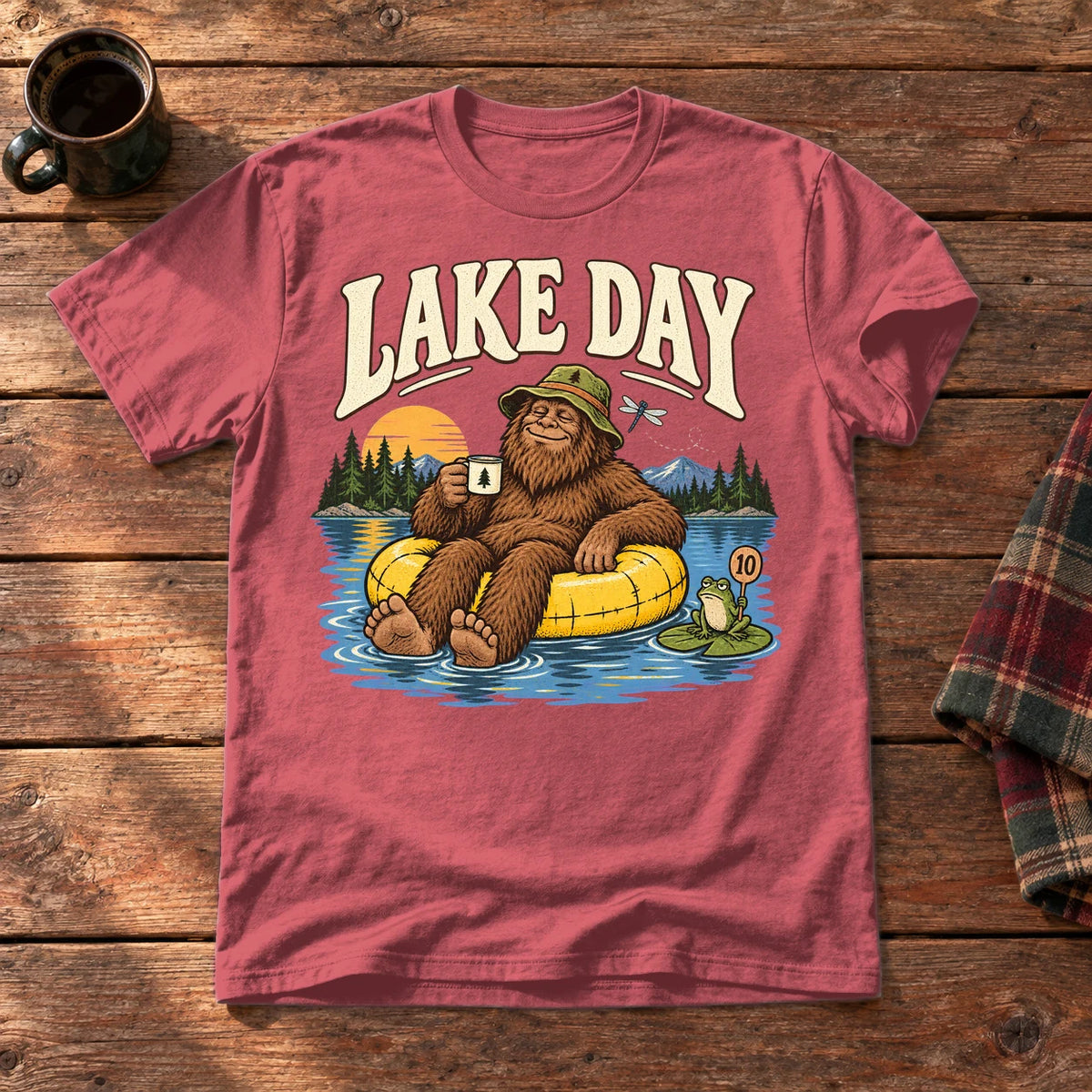 Lake Day Bigfoot Graphic Tee on Heather Red Everyday Soft Tee
