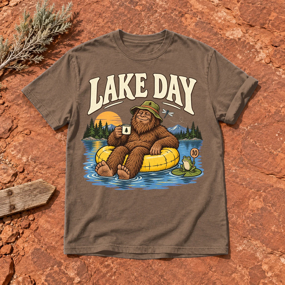 Lake Day Bigfoot Graphic Tee on Espresso Premium Tee
