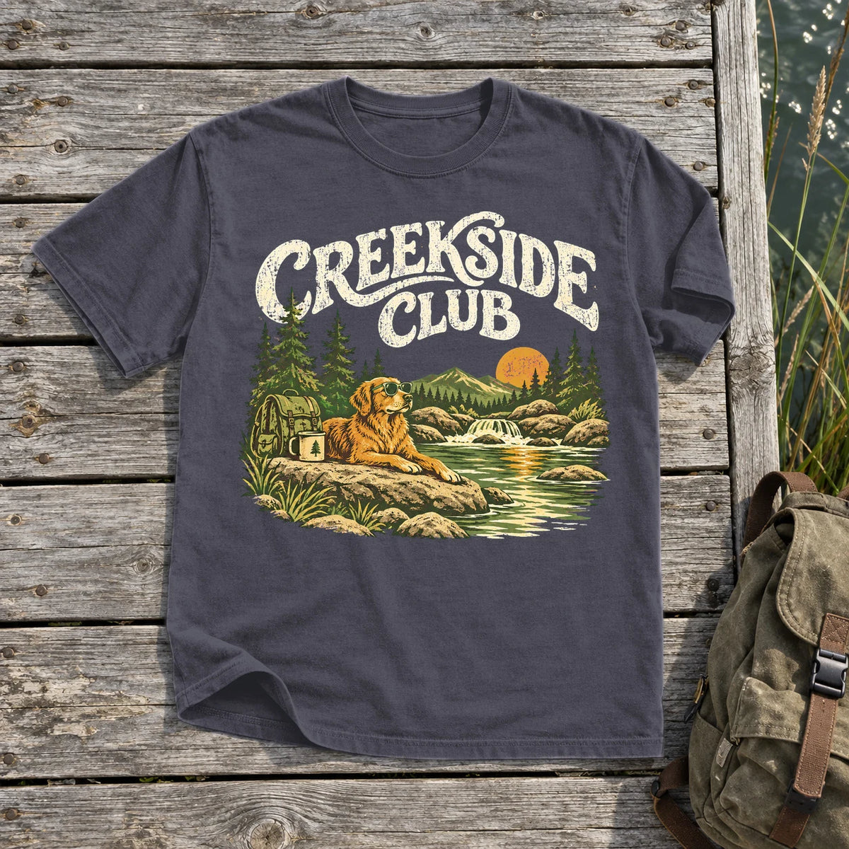 Creekside Club Golden Retriever Graphic Tee on Navy Premium Tee