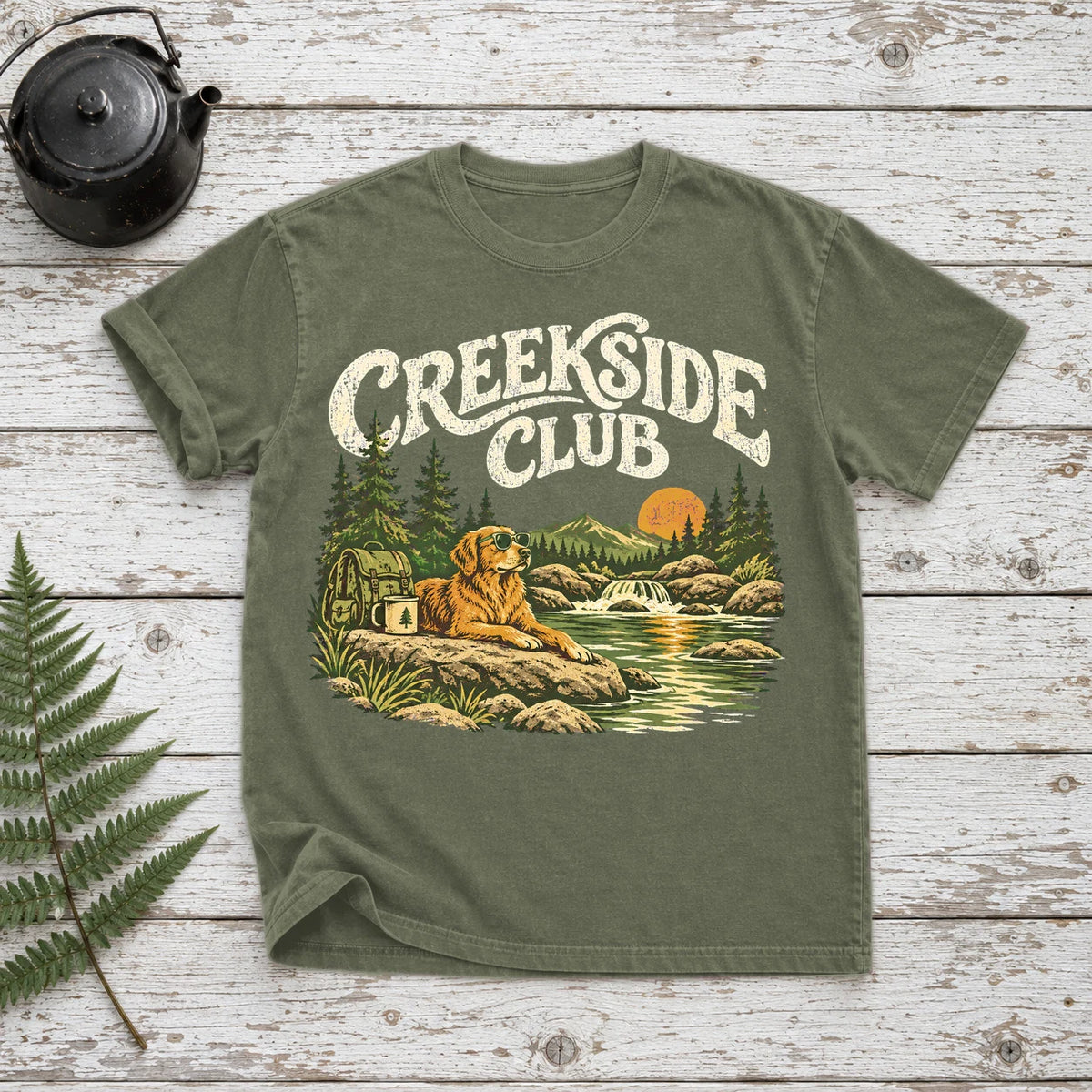 Creekside Club Golden Retriever Graphic Tee on Moss Premium Tee