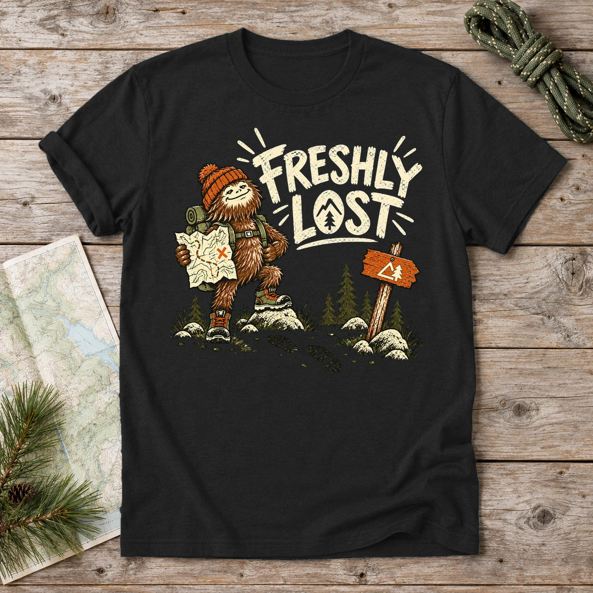 Freshly Lost Sasquatch Hiker Graphic Tee on Black Everyday Soft Tee