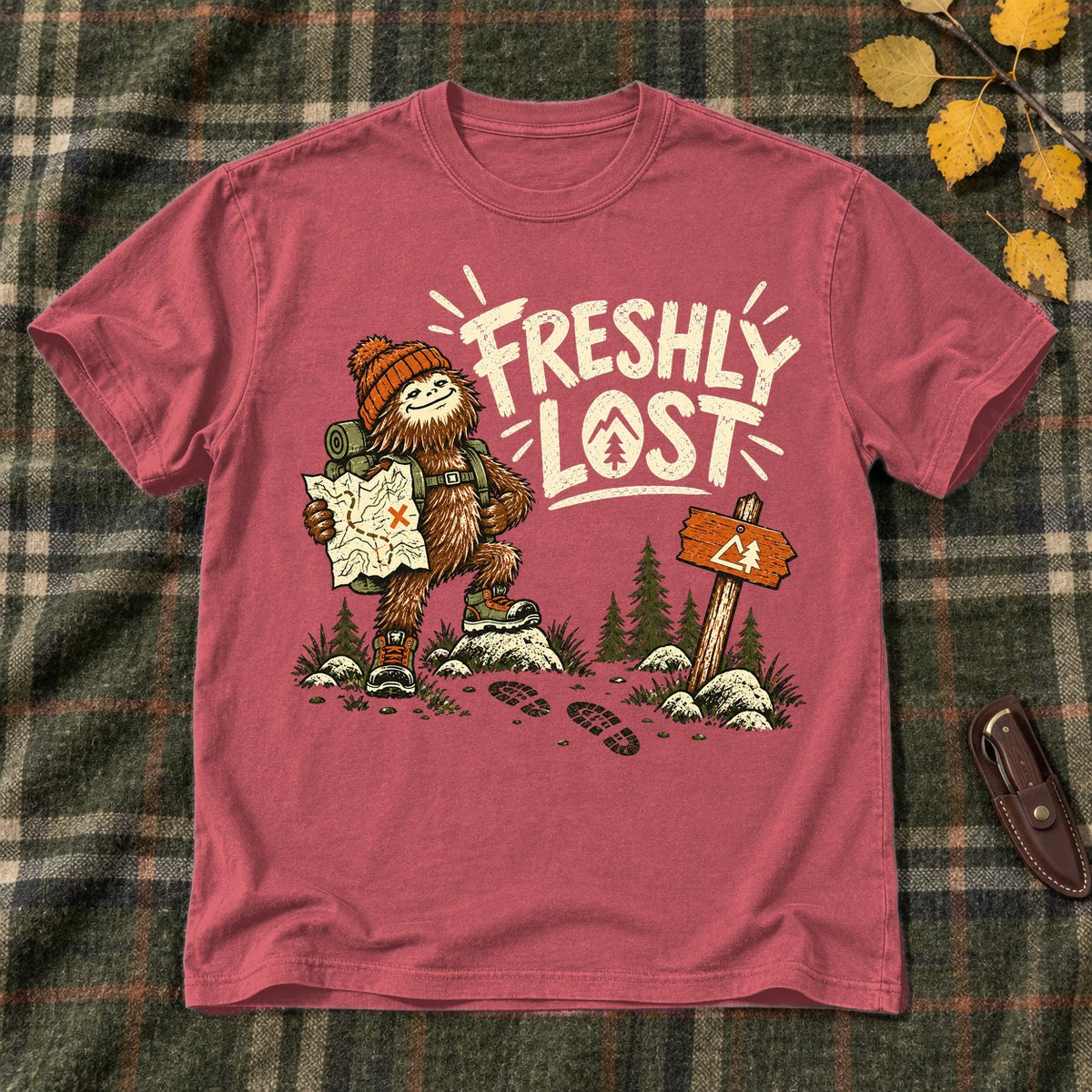 Freshly Lost Sasquatch Hiker Graphic Tee on Heather Red Everyday Soft Tee