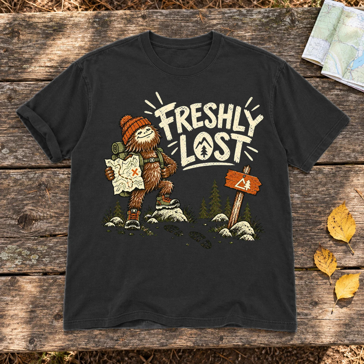 Freshly Lost Sasquatch Hiker Graphic Tee on Black Premium Tee