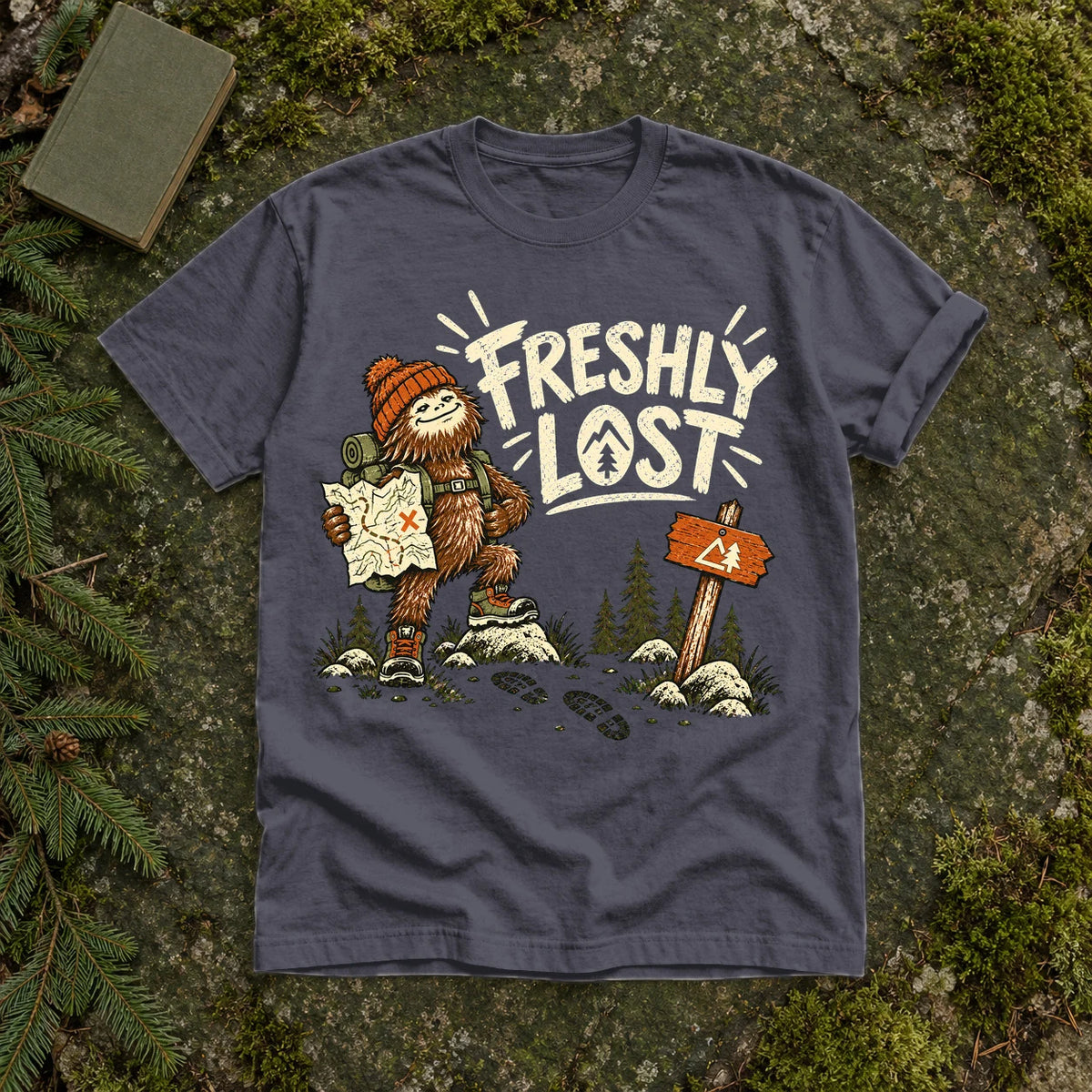 Freshly Lost Sasquatch Hiker Graphic Tee on Navy Premium Tee