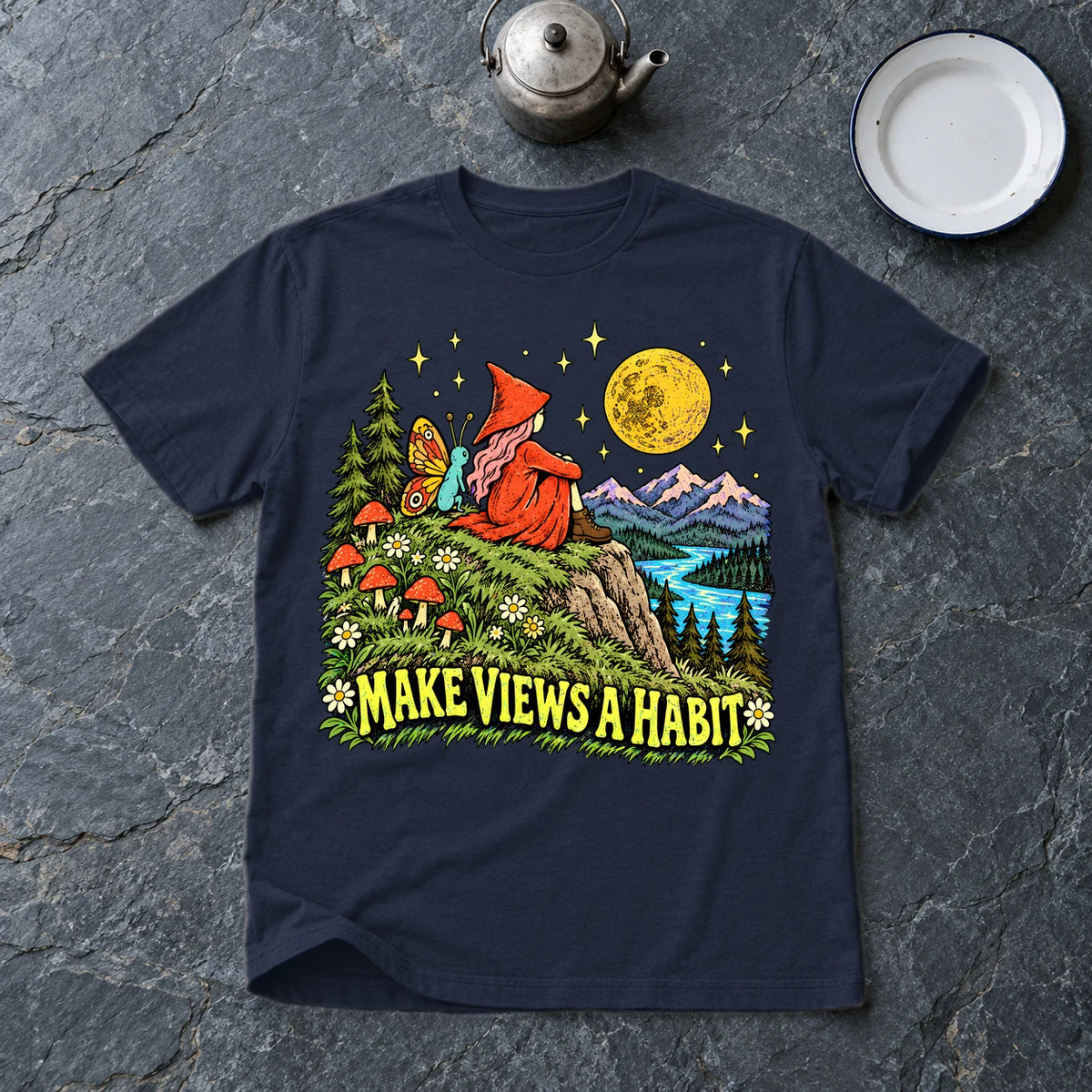 Make Views A Habit Vintage Graphic Tee on Navy Everyday Soft Tee
