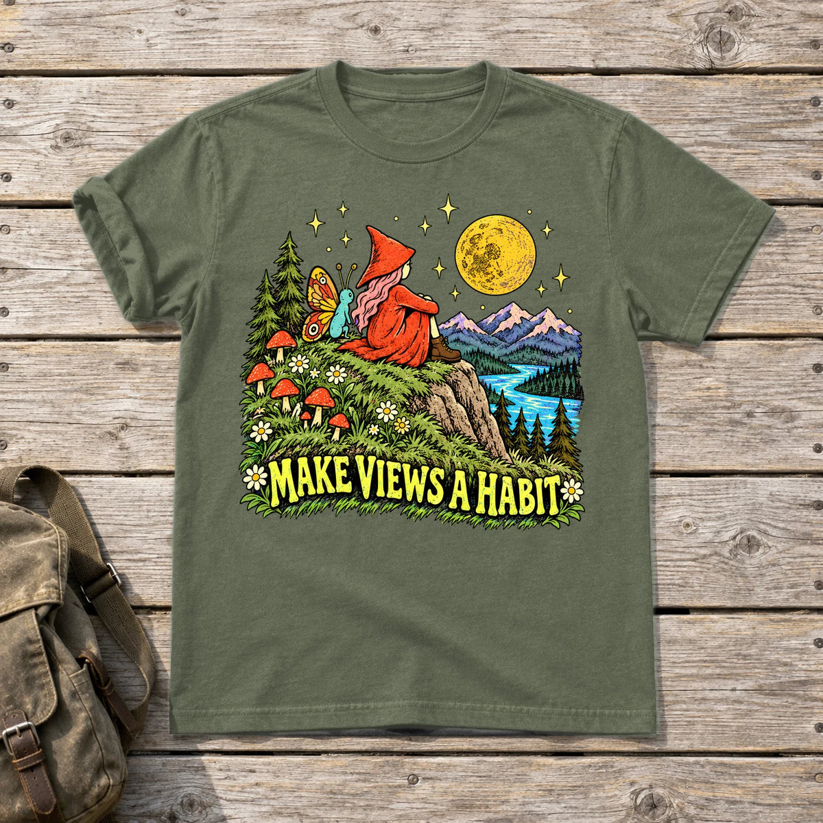 Make Views A Habit Vintage Graphic Tee on Military Green Everyday Soft Tee