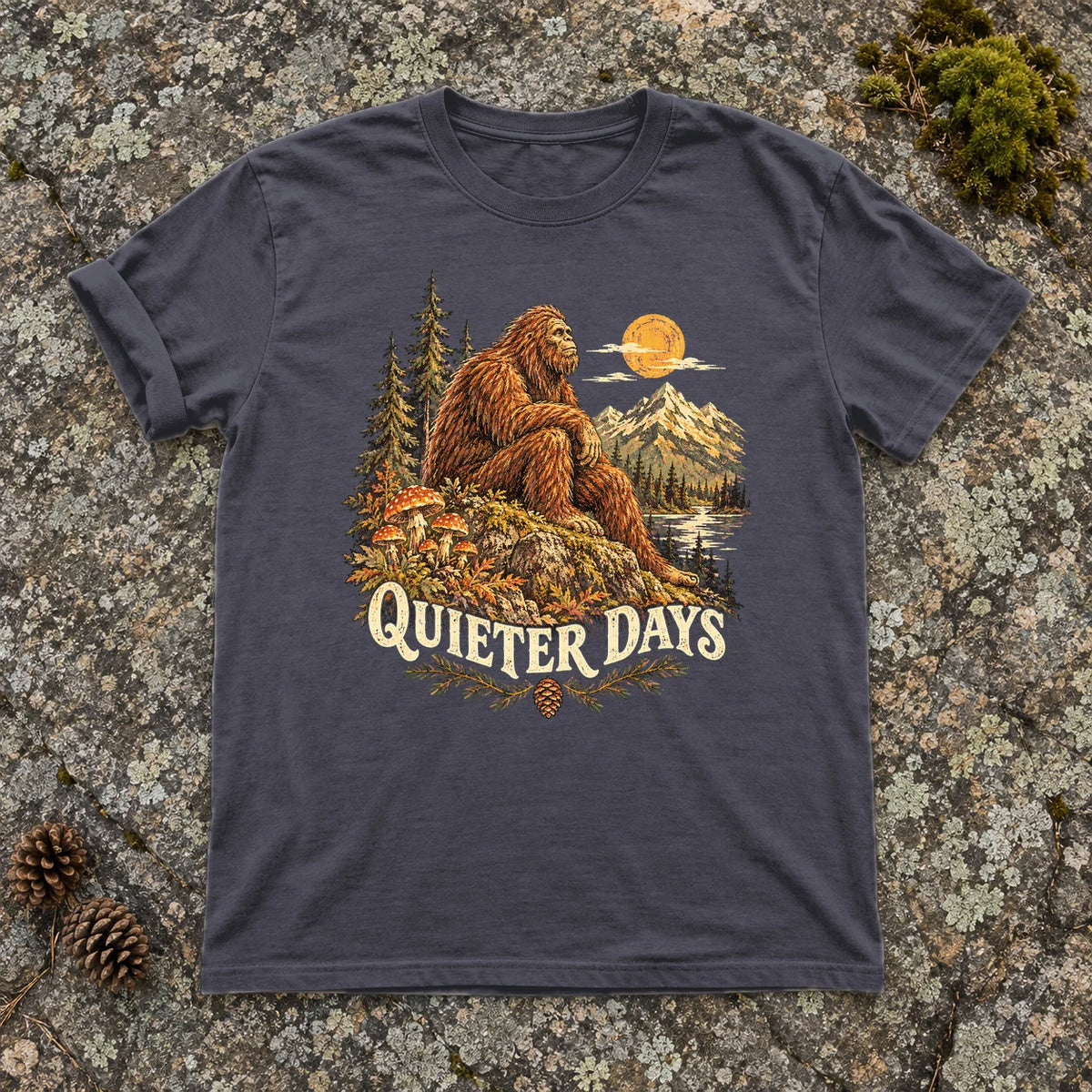 Quieter Days Bigfoot Graphic Tee on Navy Premium Tee