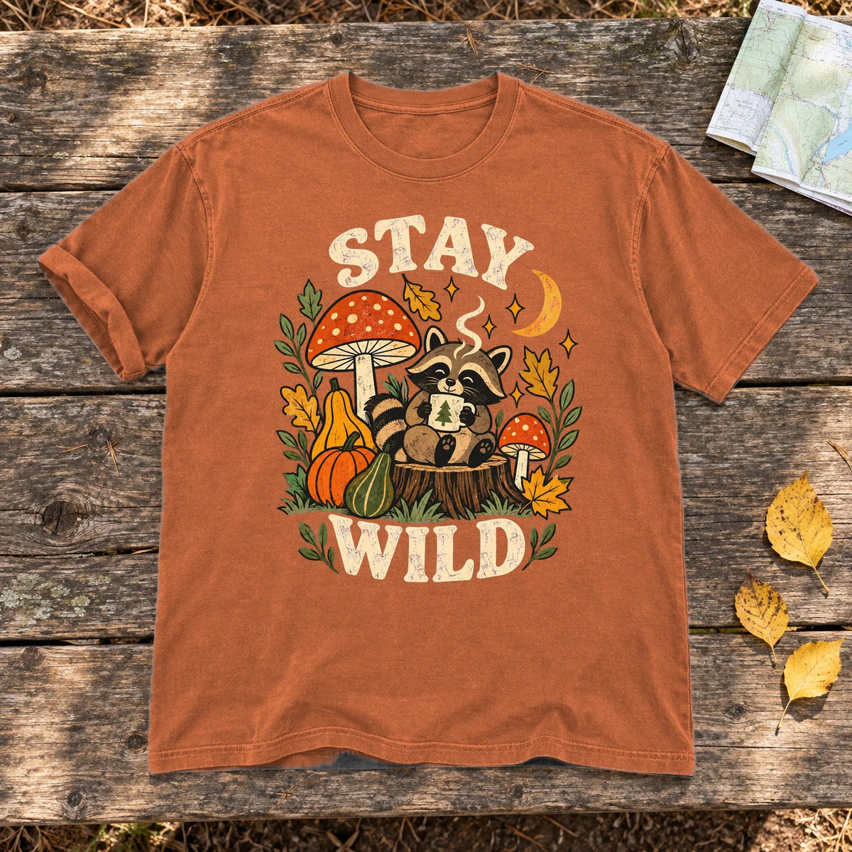 Cozy Autumn Raccoon Stay Wild Graphic Tee on Yam Premium Tee