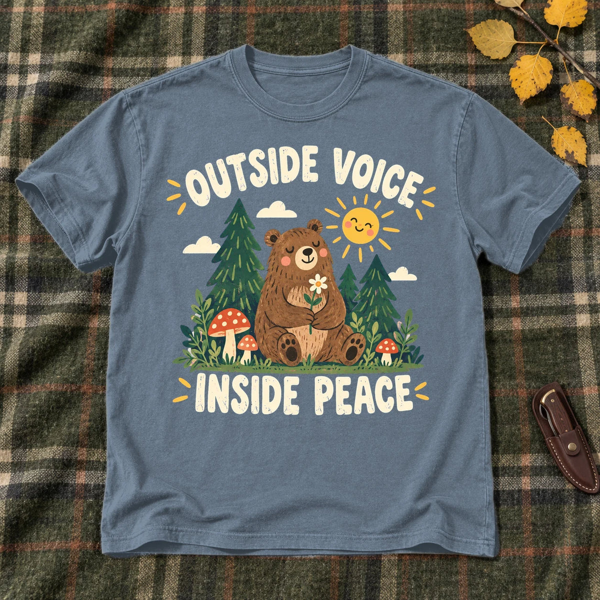 Outside Voice Inside Peace Graphic Tee on Heather Indigo Everyday Soft Tee