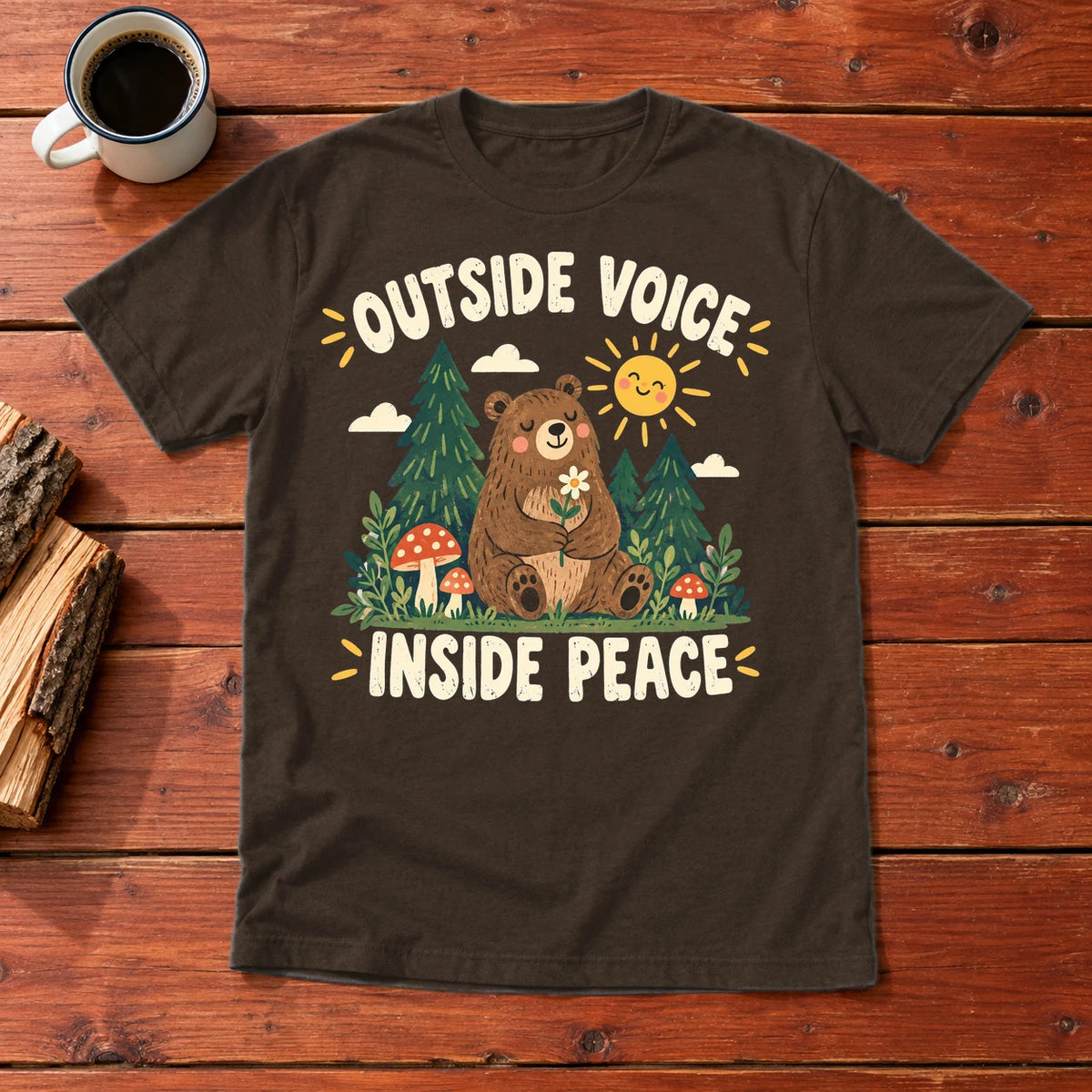 Outside Voice Inside Peace Graphic Tee on Dark Chocolate Everyday Soft Tee