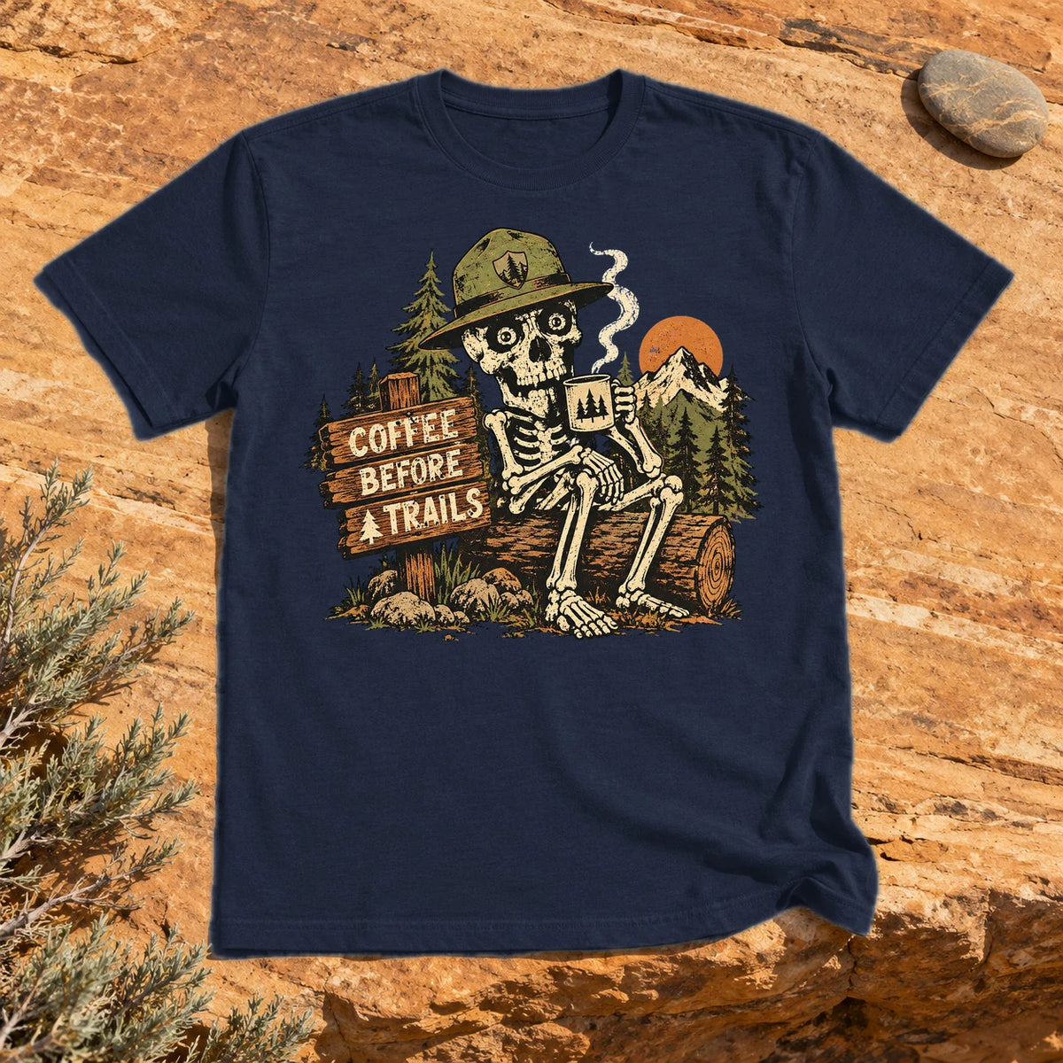 Coffee Before Trails Skeleton Graphic Tee on Navy Everyday Soft Tee