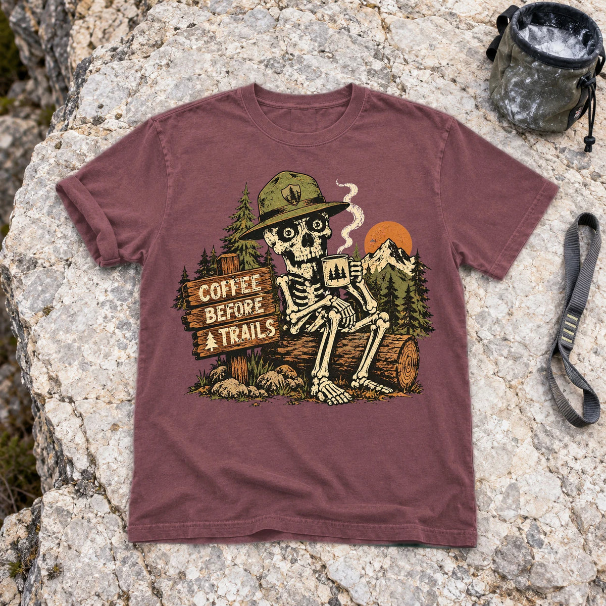 Coffee Before Trails Skeleton Graphic Tee on Brick Premium Tee