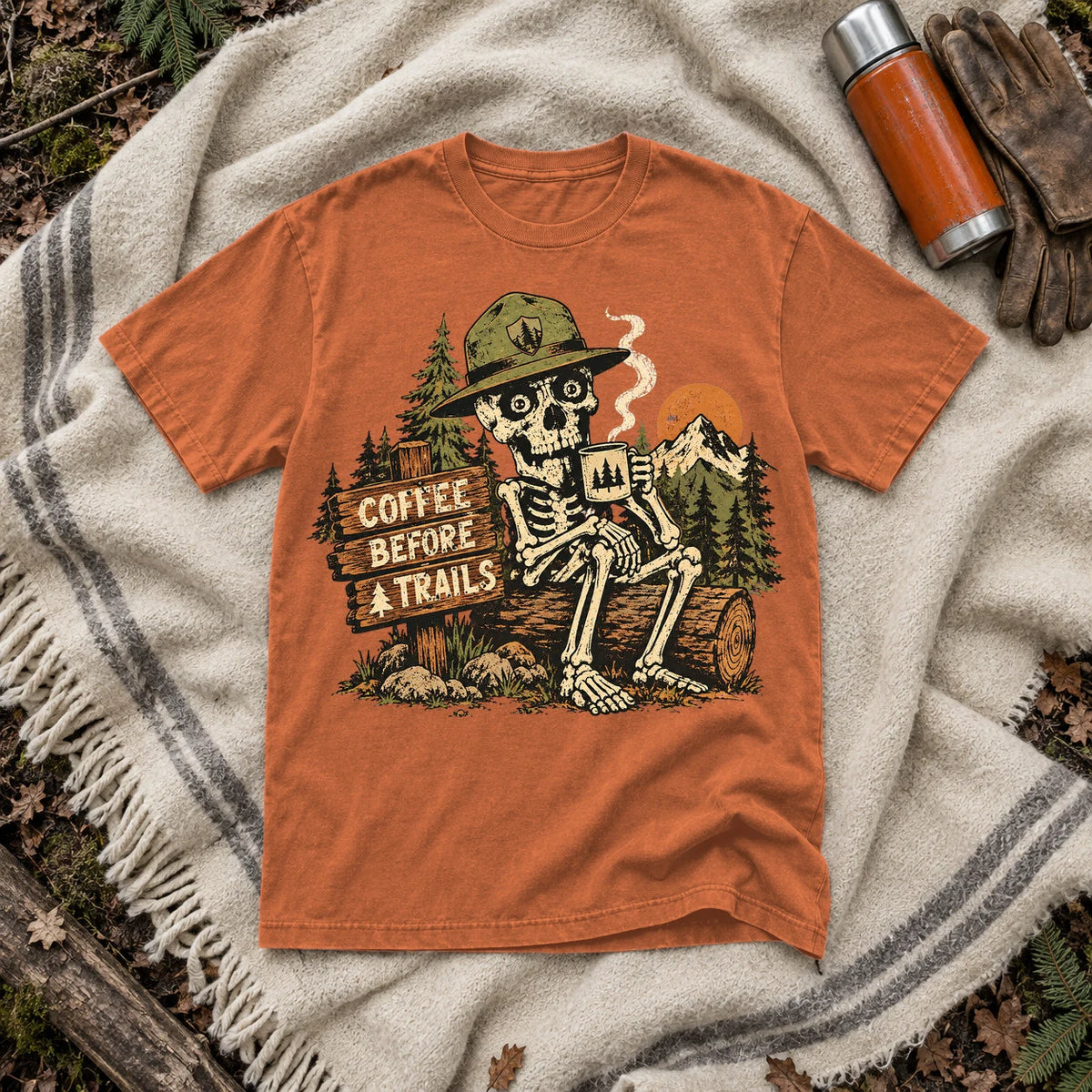 Coffee Before Trails Skeleton Graphic Tee on Yam Premium Tee