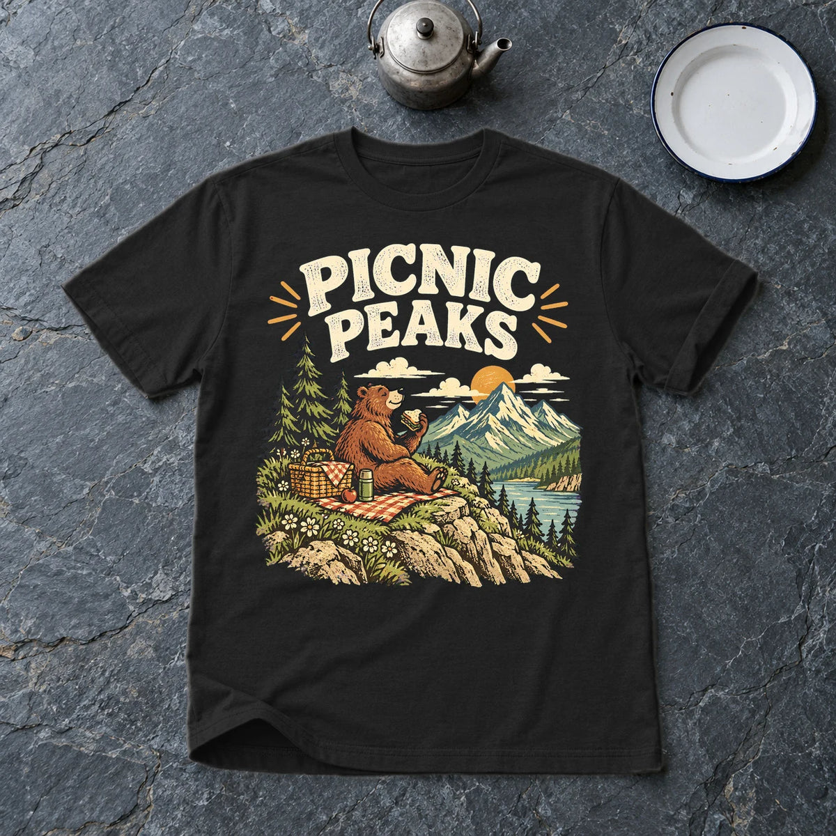Picnic Peaks Bear Graphic Tee on Black Everyday Soft Tee