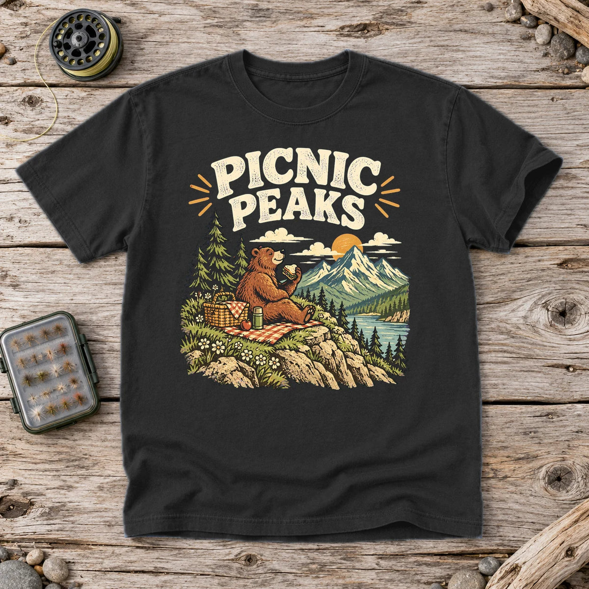 Picnic Peaks Bear Graphic Tee on Black Premium Tee