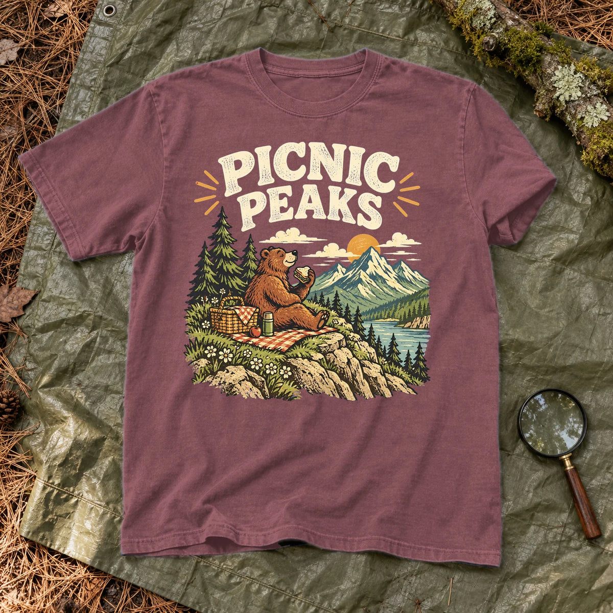 Picnic Peaks Bear Graphic Tee on Brick Premium Tee