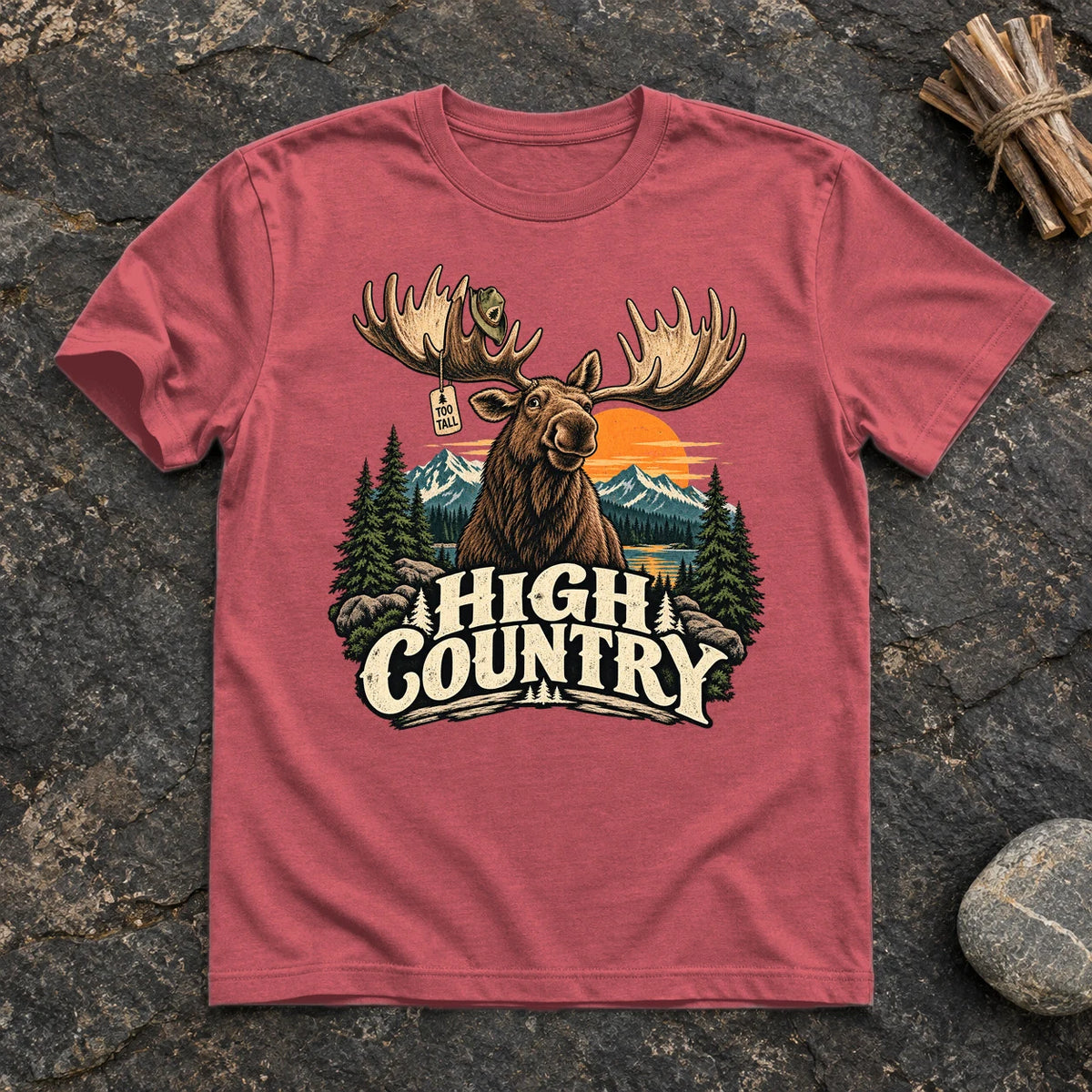High Country 'Too Tall' Moose Graphic Tee on Heather Red Everyday Soft Tee