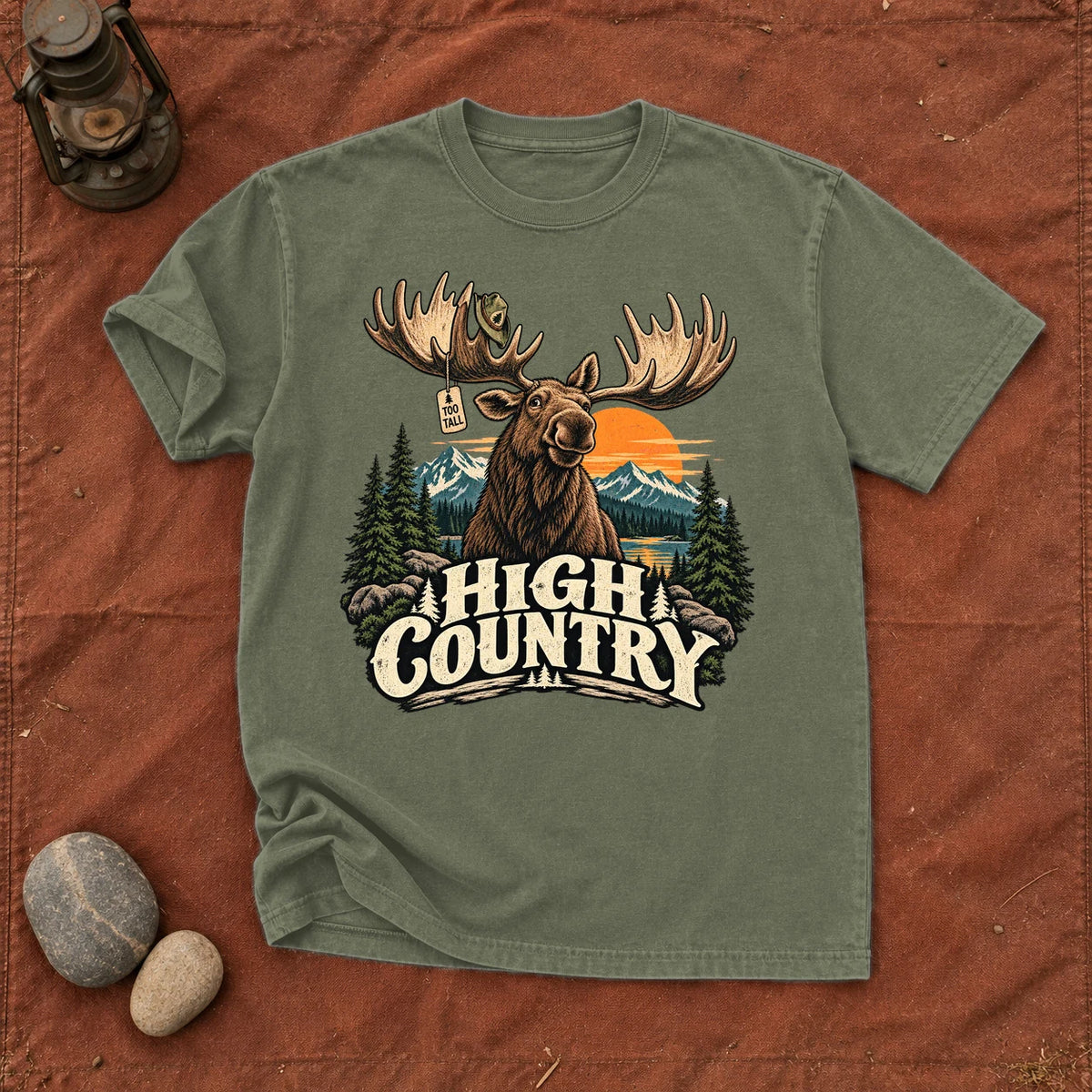 High Country 'Too Tall' Moose Graphic Tee on Moss Premium Tee