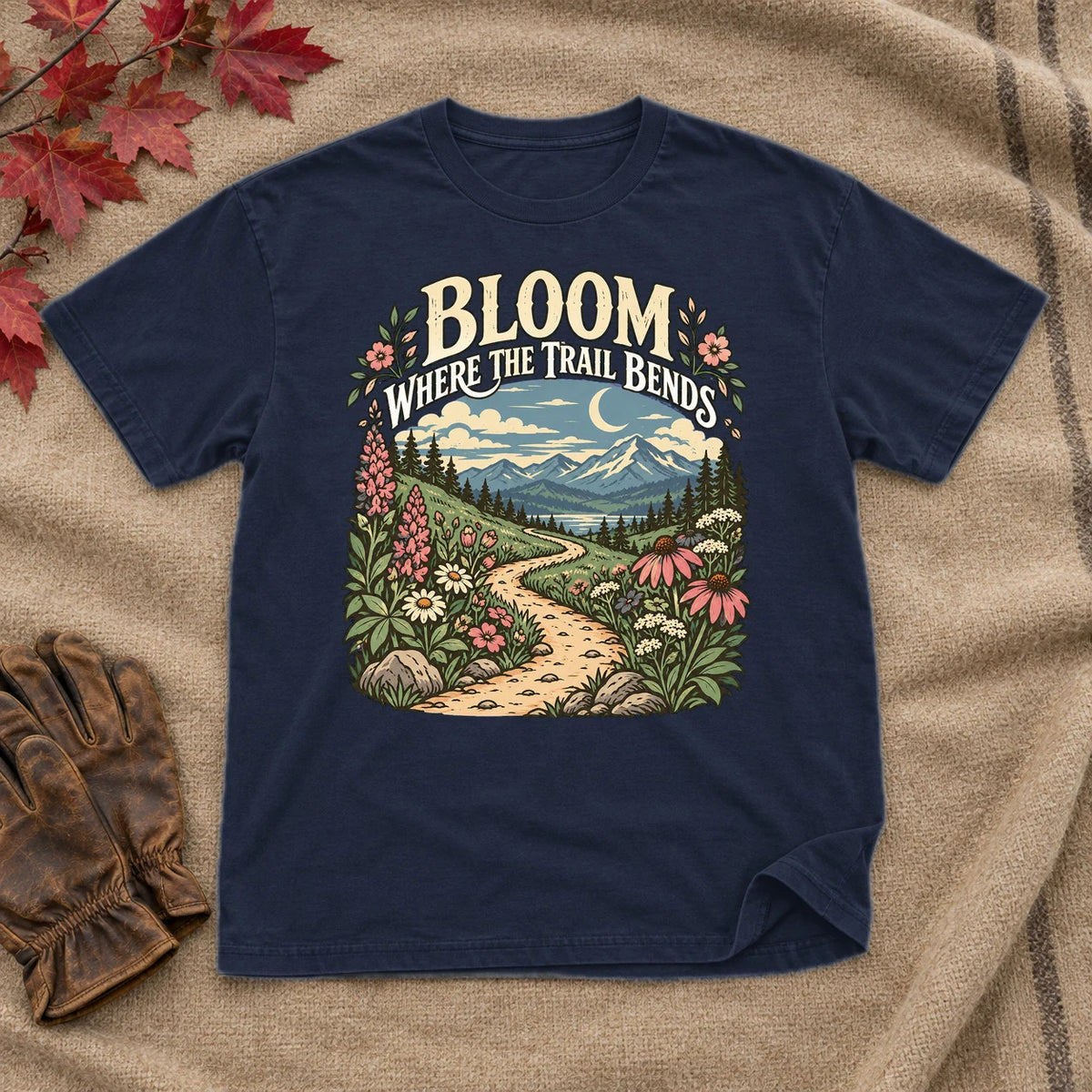 Bloom Where The Trail Bends Graphic Tee on Navy Everyday Soft Tee
