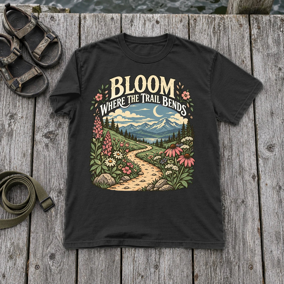 Bloom Where The Trail Bends Graphic Tee on Black Premium Tee