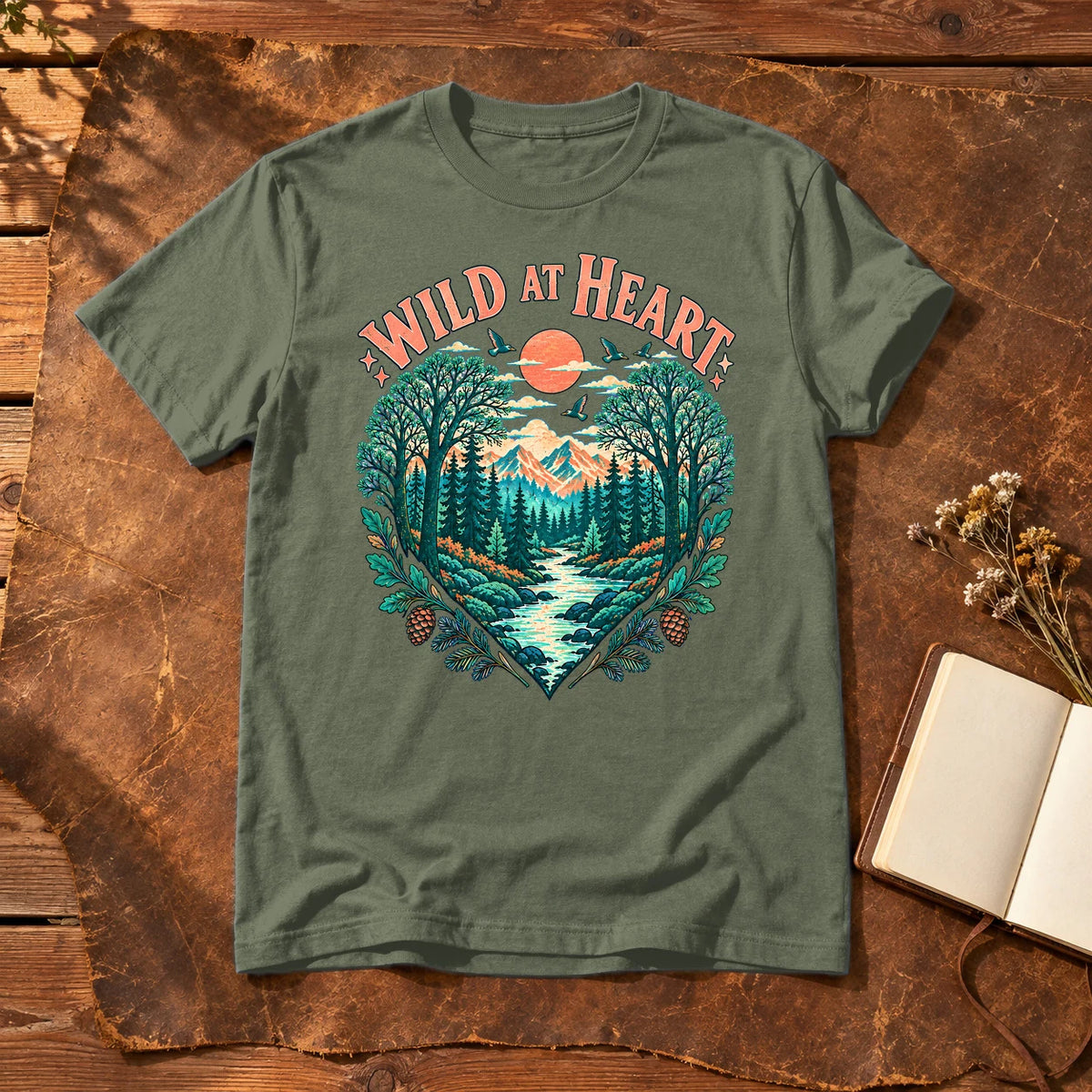 Wild At Heart Retro Nature Graphic Tee on Military Green Everyday Soft Tee