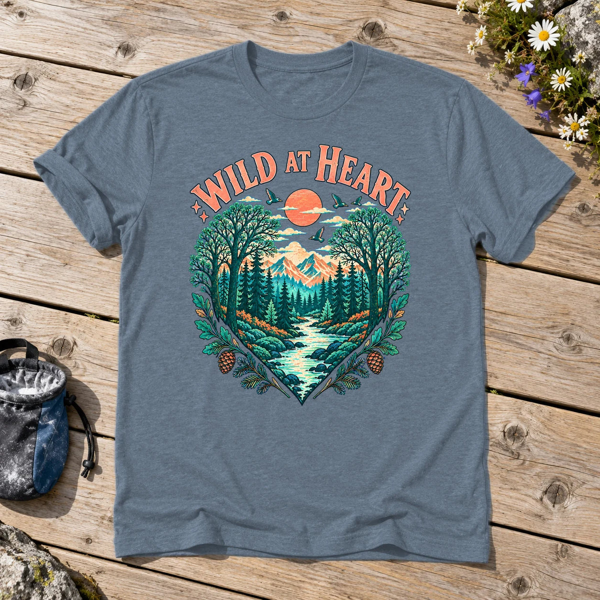 Wild At Heart Retro Nature Graphic Tee on Heather Indigo Everyday Soft Tee
