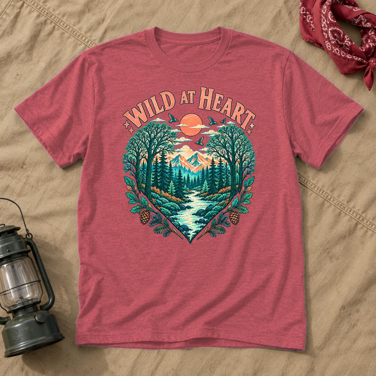 Wild At Heart Retro Nature Graphic Tee on Heather Red Everyday Soft Tee