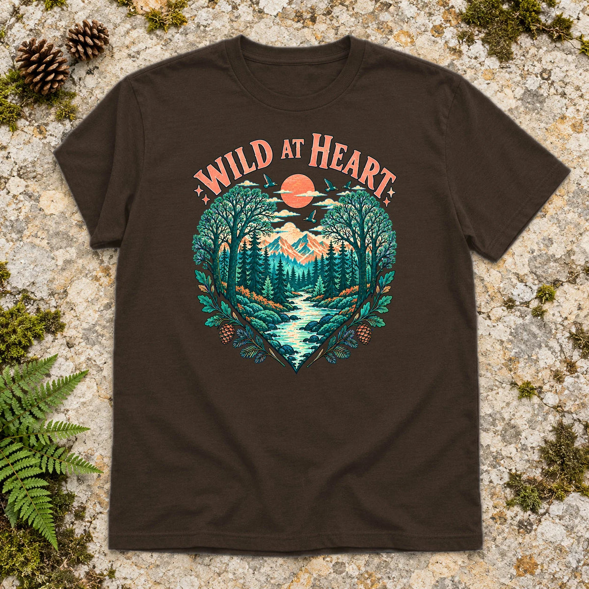 Wild At Heart Retro Nature Graphic Tee on Dark Chocolate Everyday Soft Tee