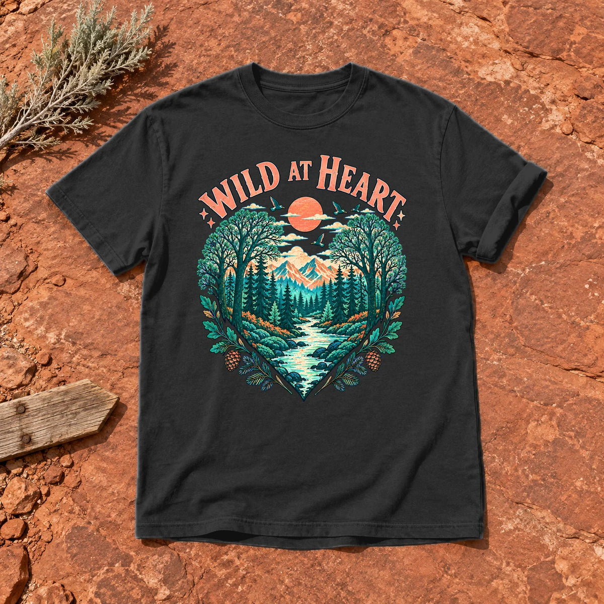Wild At Heart Retro Nature Graphic Tee on Black Premium Tee