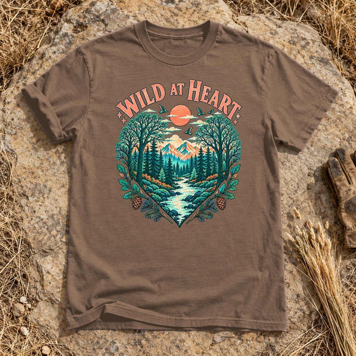 Wild At Heart Retro Nature Graphic Tee on Espresso Premium Tee