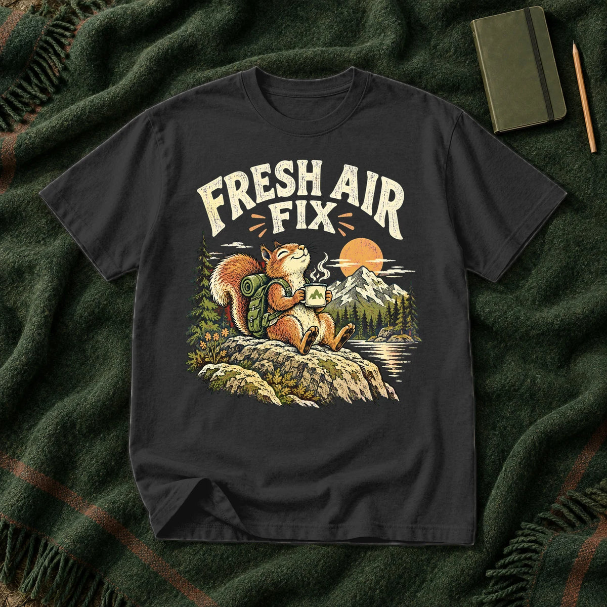 Fresh Air Fix Outdoor Squirrel Graphic Tee on Black Premium Tee