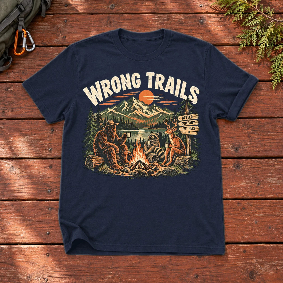 Wrong Trails Bigfoot Campfire Graphic Tee on Navy Everyday Soft Tee