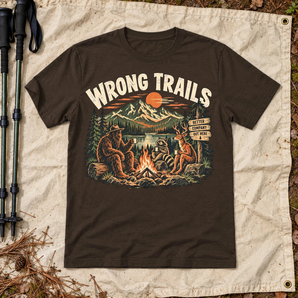 Wrong Trails Bigfoot Campfire Graphic Tee on Dark Chocolate Everyday Soft Tee