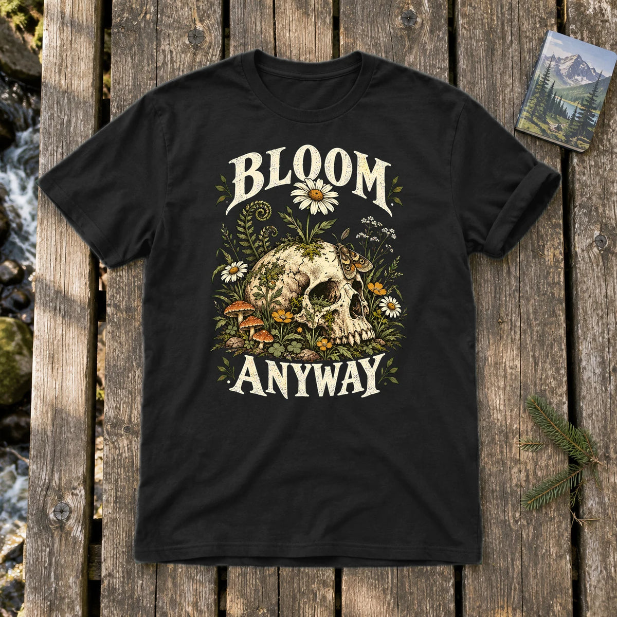 Bloom Anyway Botanical Skull Graphic Tee on Black Everyday Soft Tee
