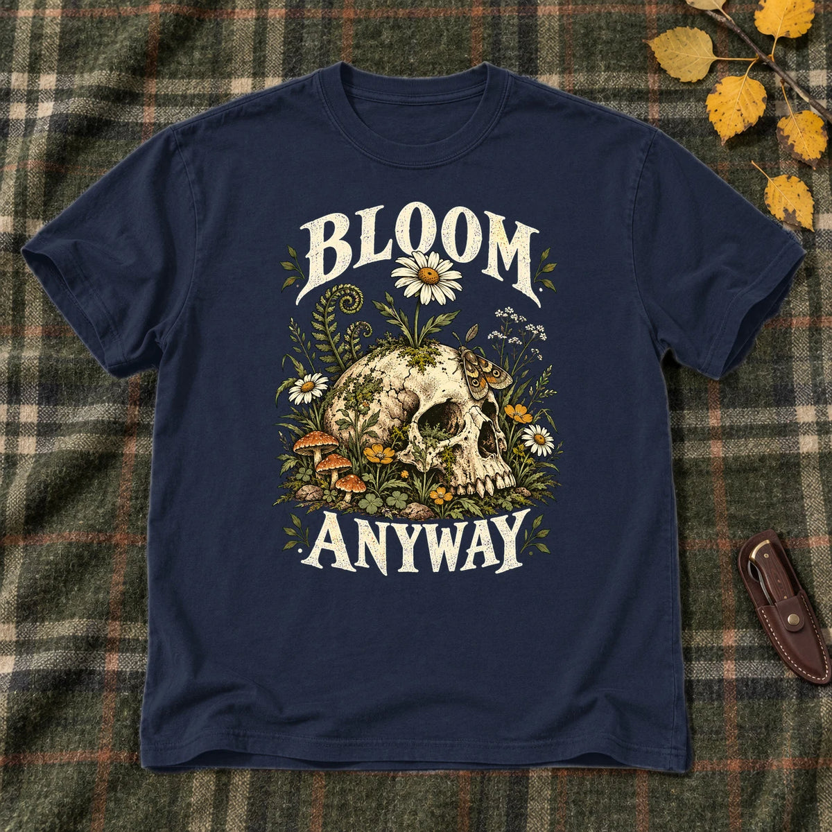 Bloom Anyway Botanical Skull Graphic Tee on Navy Everyday Soft Tee