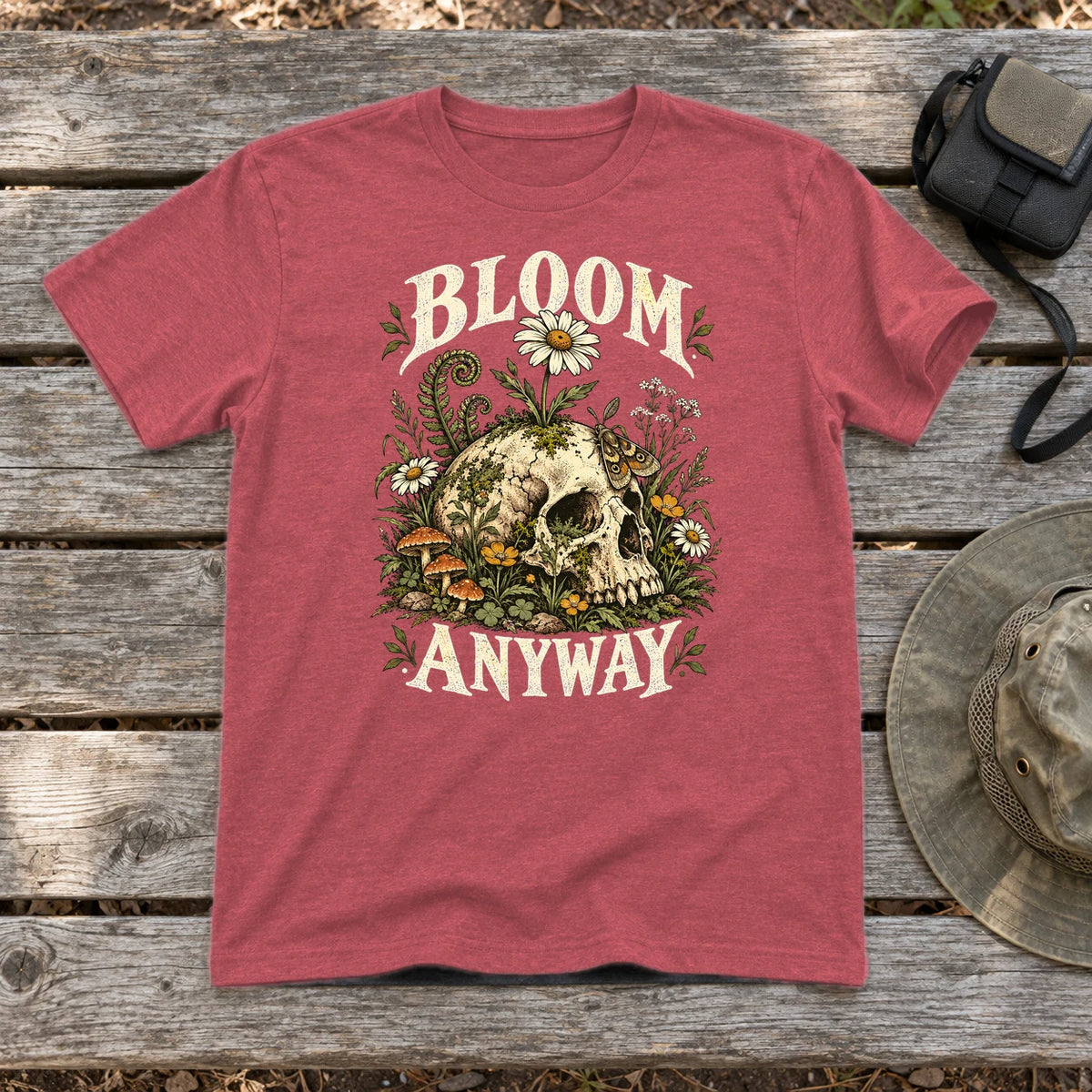 Bloom Anyway Botanical Skull Graphic Tee on Heather Red Everyday Soft Tee