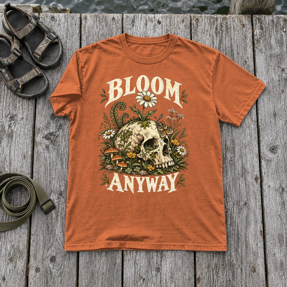 Bloom Anyway Botanical Skull Graphic Tee on Yam Premium Tee