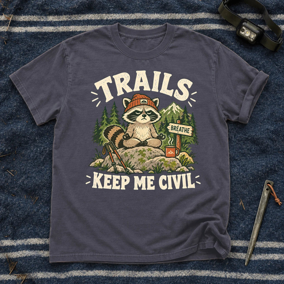 Trails Keep Me Civil Raccoon Graphic Tee on Navy Premium Tee