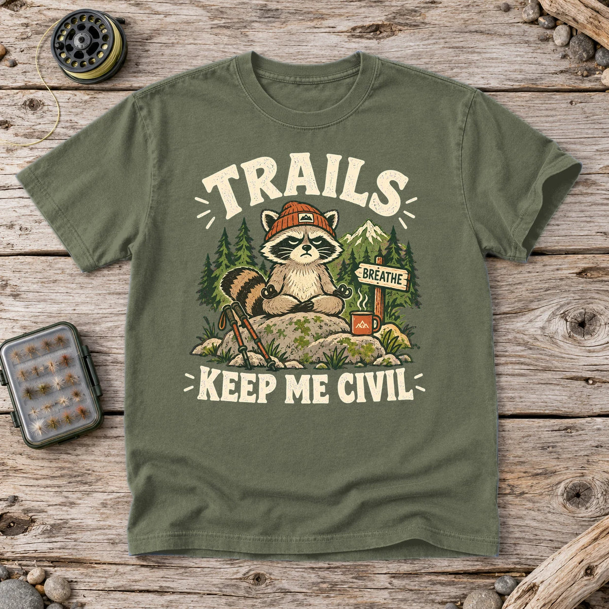 Trails Keep Me Civil Raccoon Graphic Tee on Moss Premium Tee