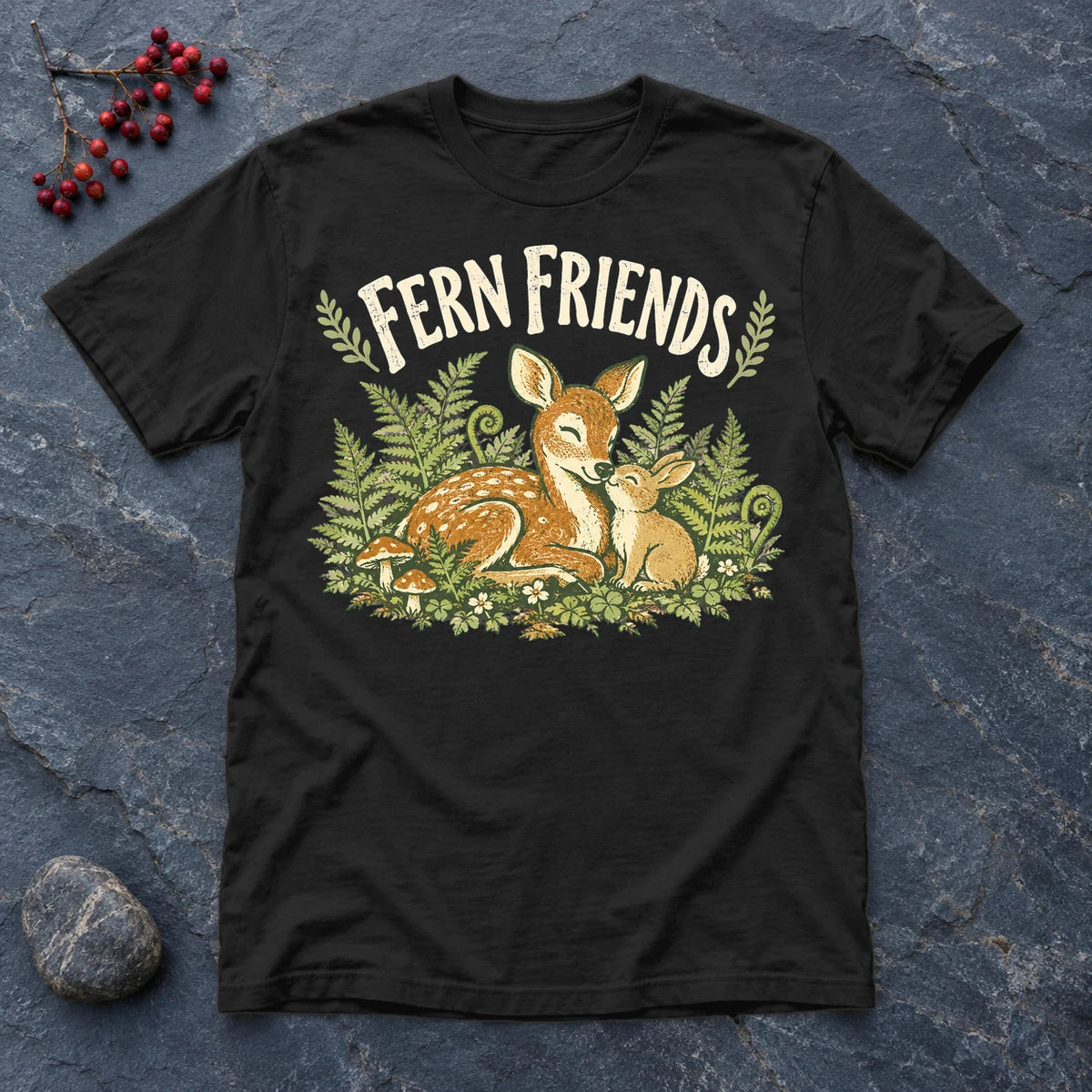 Fern Friends Vintage Woodland Graphic Tee on Black Everyday Soft Tee