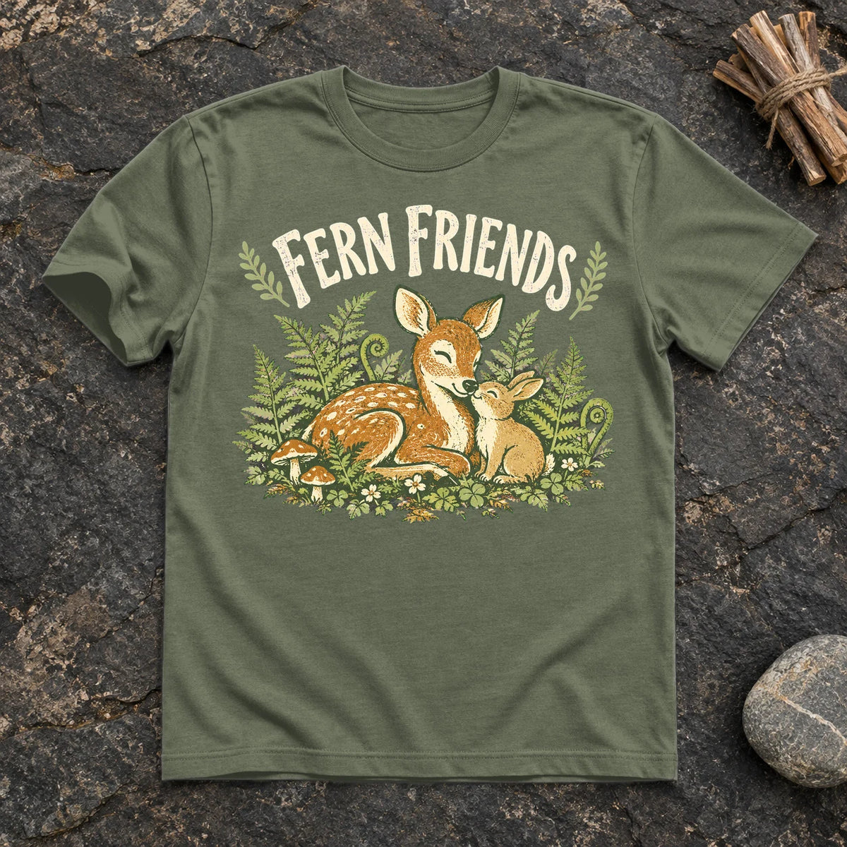 Fern Friends Vintage Woodland Graphic Tee on Military Green Everyday Soft Tee