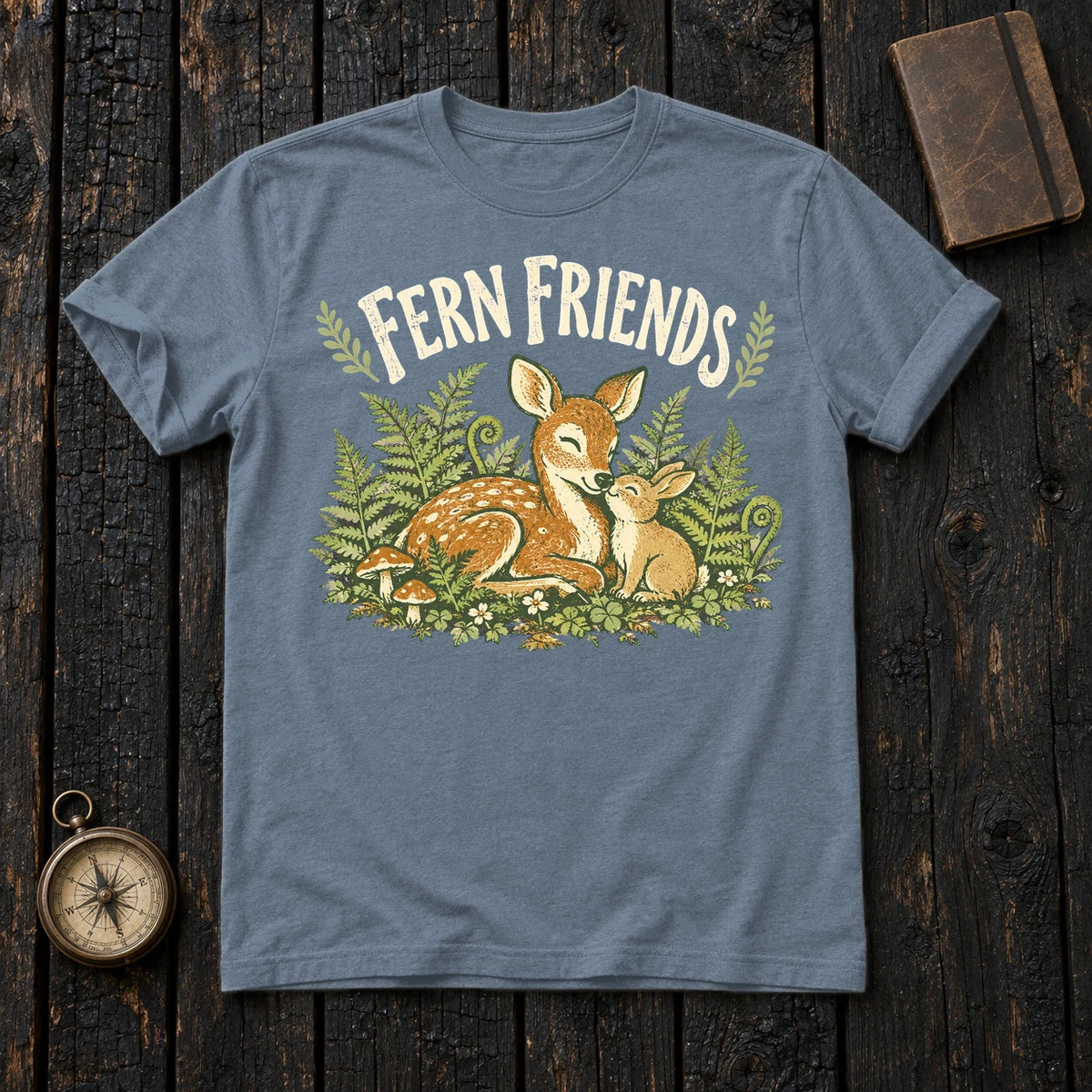 Fern Friends Vintage Woodland Graphic Tee on Heather Indigo Everyday Soft Tee