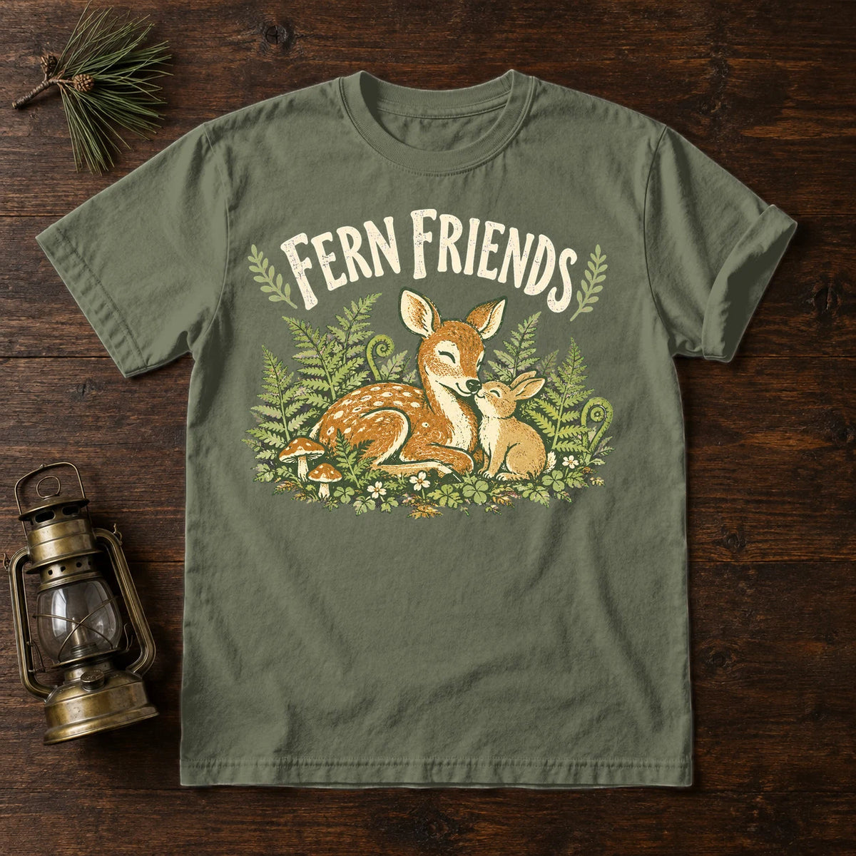 Fern Friends Vintage Woodland Graphic Tee on Moss Premium Tee