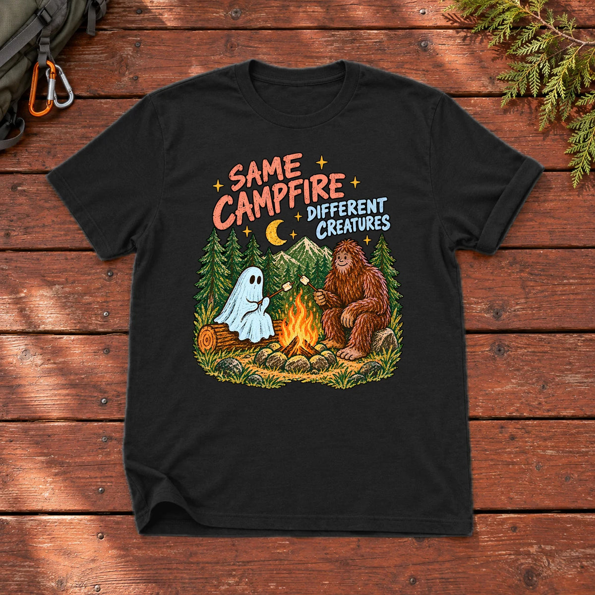 Same Campfire Different Creatures Graphic Tee on Black Everyday Soft Tee