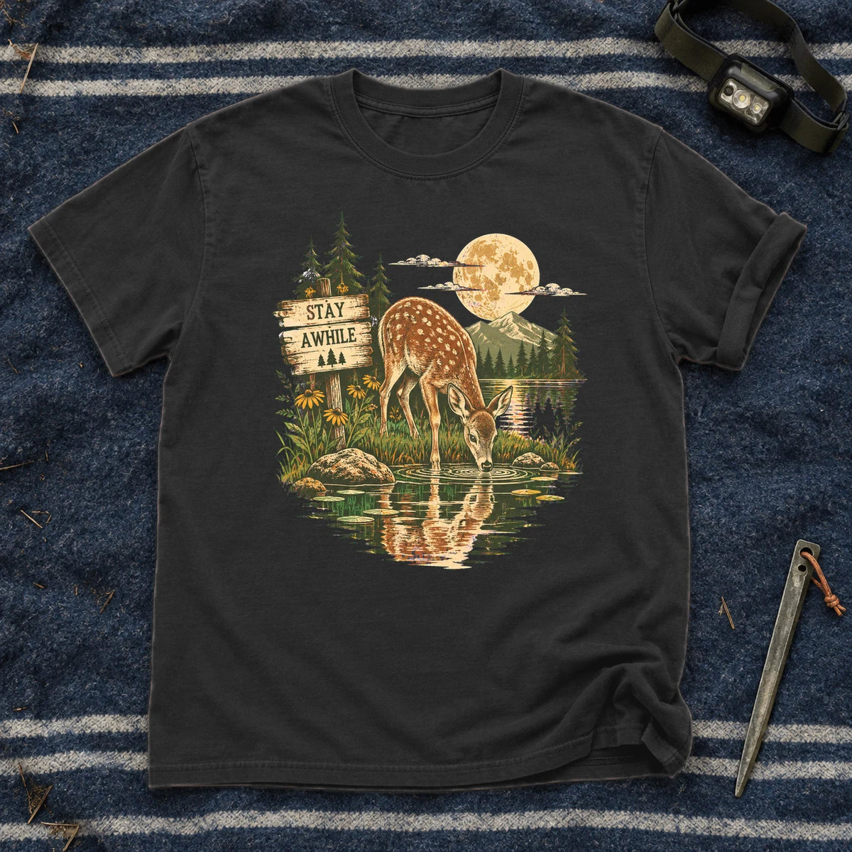 Stay Awhile Wilderness Deer Graphic Tee on Black Premium Tee