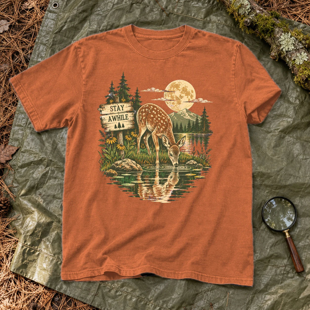 Stay Awhile Wilderness Deer Graphic Tee on Yam Premium Tee