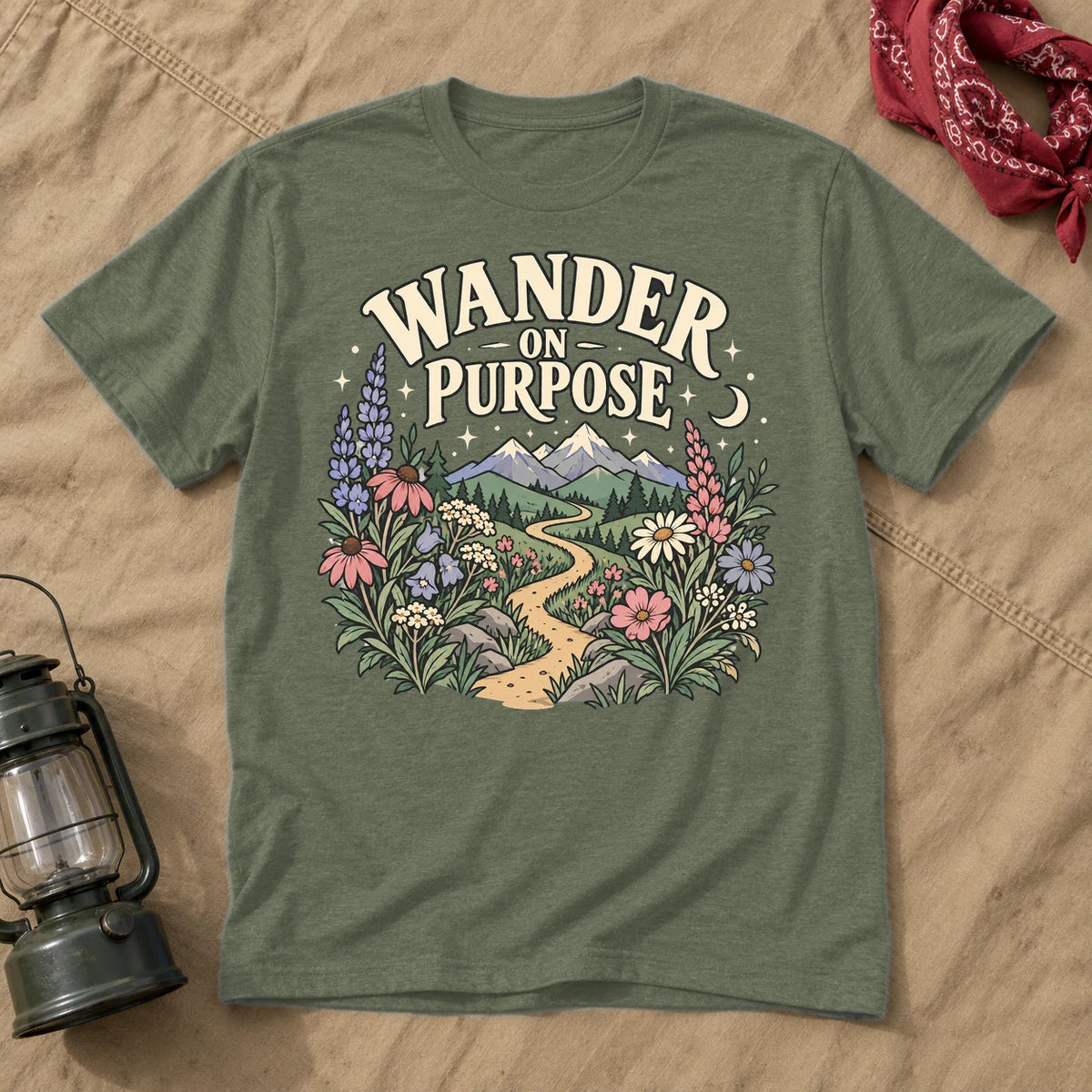 Wander On Purpose Graphic Tee on Military Green Everyday Soft Tee