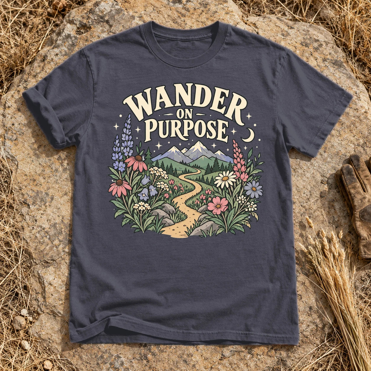 Wander On Purpose Graphic Tee on Navy Premium Tee