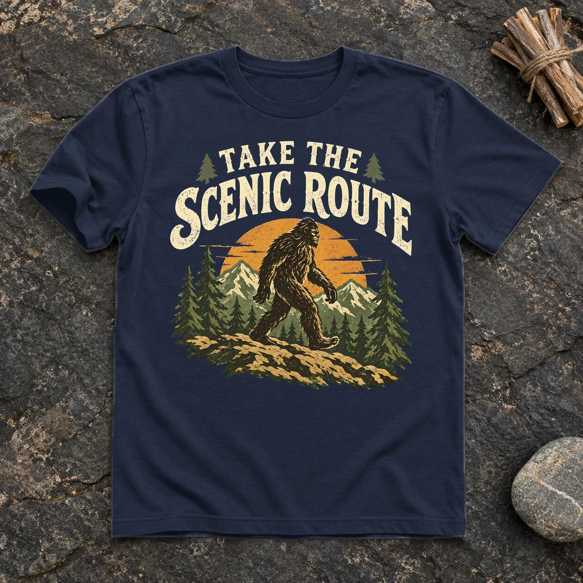 Take The Scenic Route Bigfoot Graphic Tee on Navy Everyday Soft Tee
